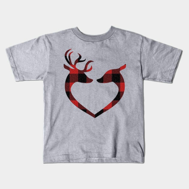 Red Plaid Deer Buck and Doe Heart Winter Gifts: Pillows, Bedding, Mugs & More! Kids T-Shirt by tamdevo1